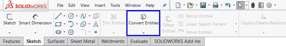 ورود به دستور Convert Entities در محیط اسکچ نرم‌افزار Solidworks